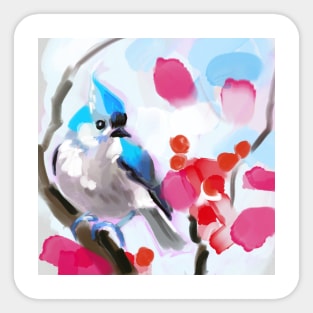 Tufted titmouse in the red berries bush Sticker